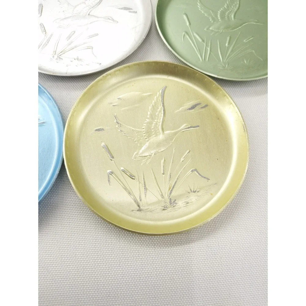 Vintage Anodized Aluminum Coaster Set Multicolor Embossed Duck 5pc 3.5in